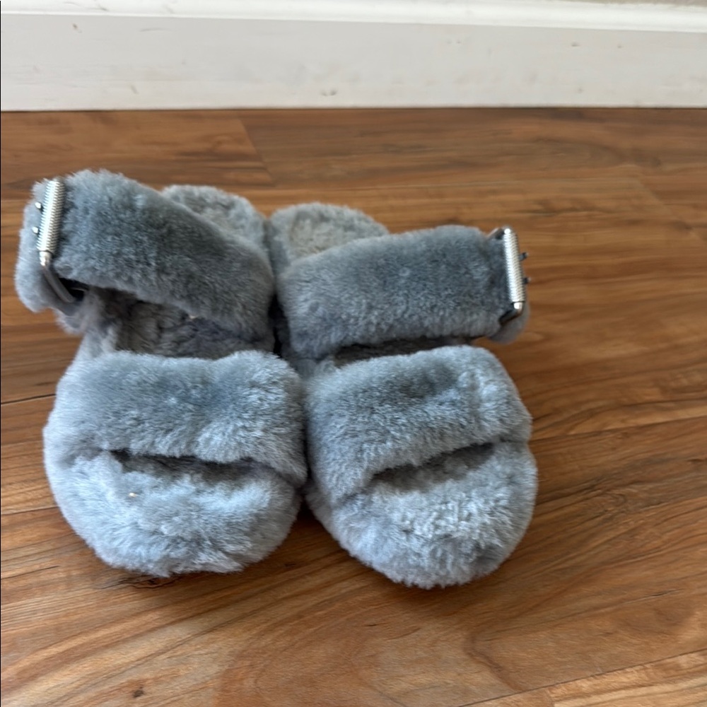 UGG Gray Plush Slippers with Adjustable Straps